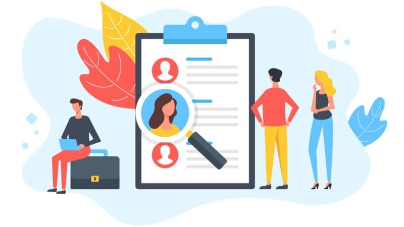 Human resources. People and clipboard with job candidates list and magnifying glass. Employment, job search, hiring, recruitment, recruiting, hr concepts. Modern flat design. Vector illustration