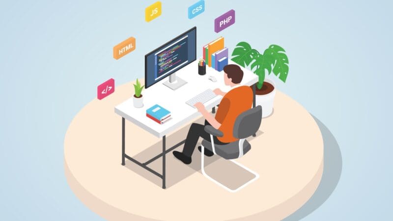 Man working on laptop programming coding website web mobile landing page template banner with isometric 3d flat style Vector illustration